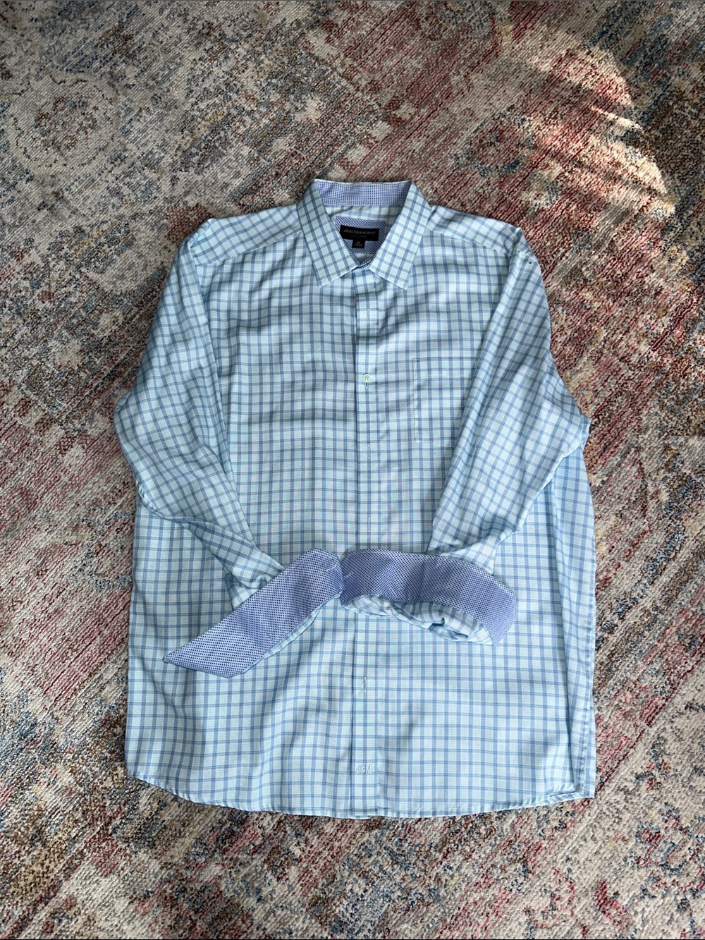 Johnston & Murphy Light Blue Checked Dress Shirt with Contrast Cuffs-XL